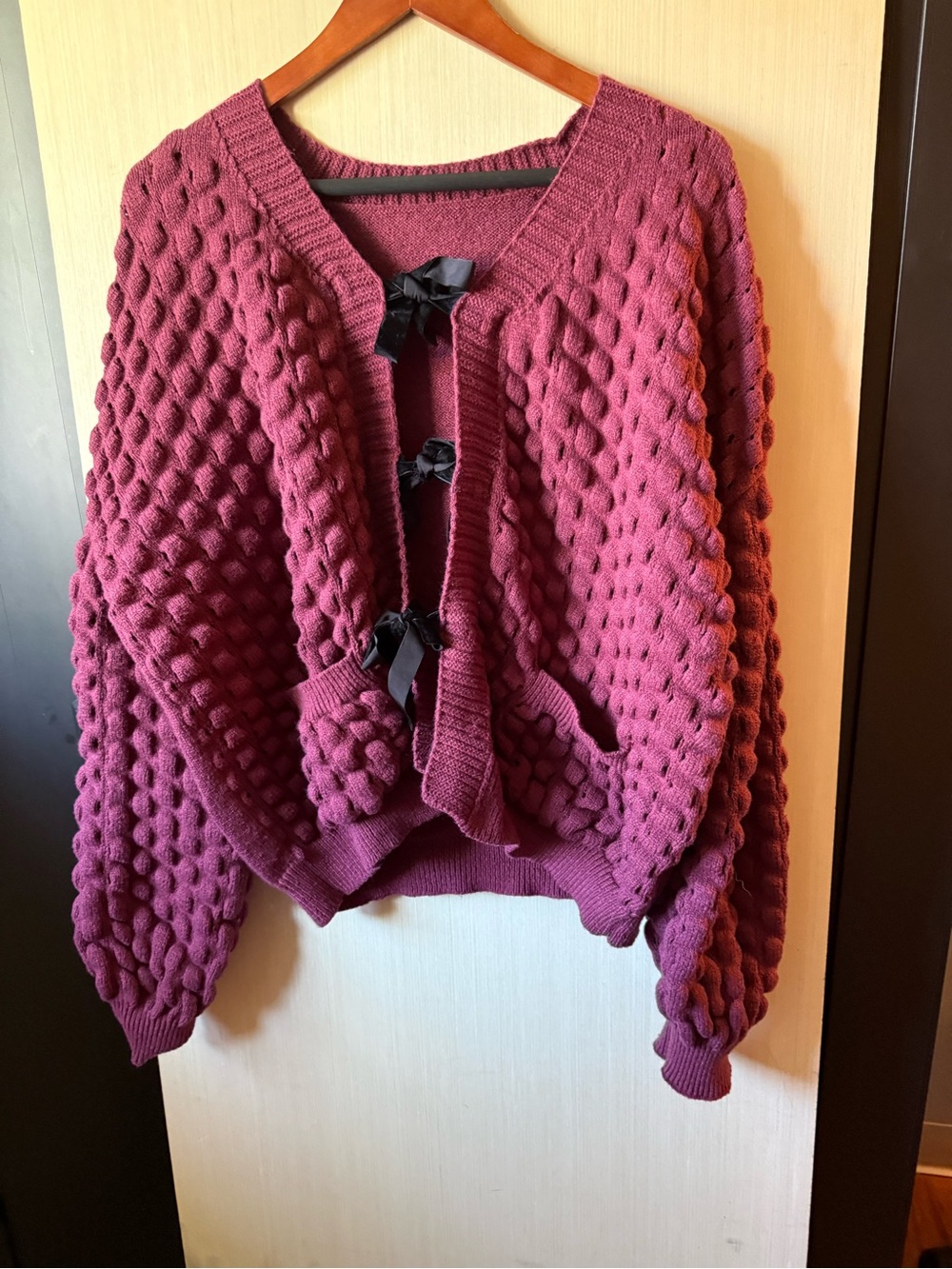 Women's Chunky Bubble Knit Cardigan Sweater - Wine